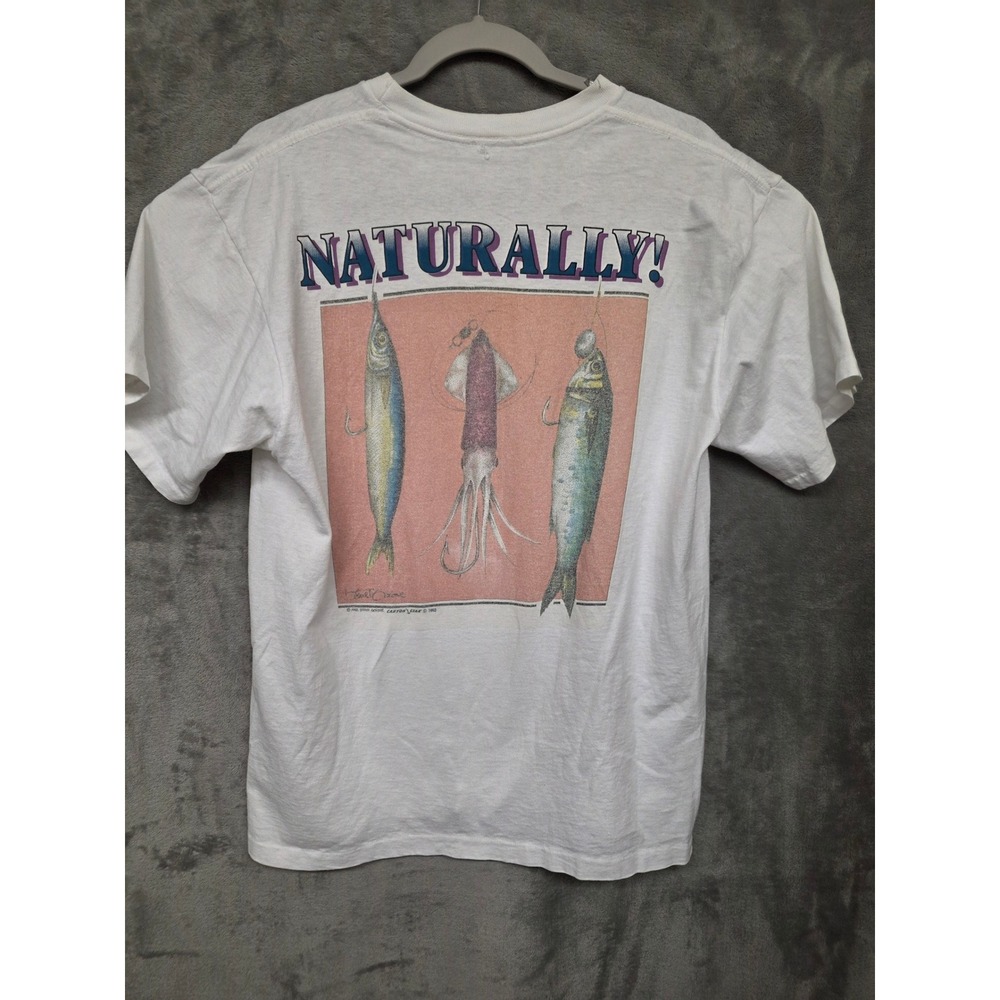 Vintage 1993 Steve Goione Canyon Gear Fish T-Shirt White Single Stitch Large